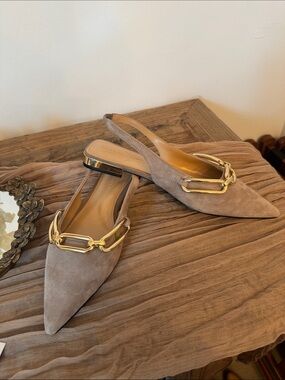 White House Black Market Taupe Suede Pointed Toe Slingbacks with Gold Chain